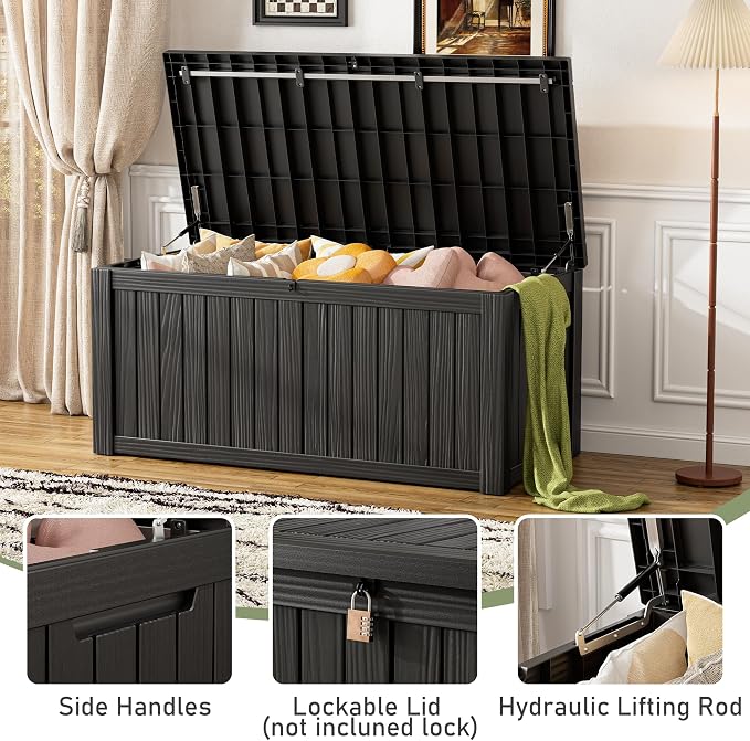 KAMABOKO Outdoor Storage Box, 150 Gallon Large Outdoor Resin Deck Box, Storage Waterproof Boxes Lockable Lid for Garden Tools, Pool Supplies, Patio Furniture and Cushions, Black