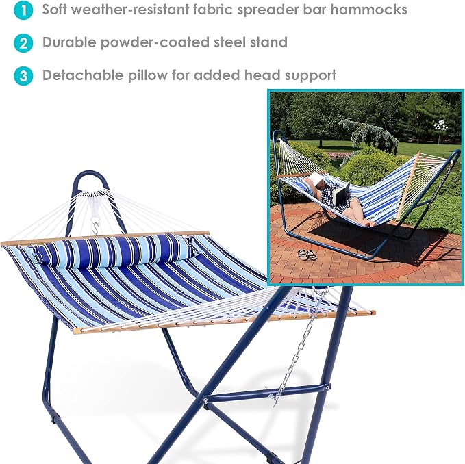 Sunnydaze Double Quilted Fabric Hammock with Universal Steel Stand - 450-Pound Capacity - Blue Stand - Catalina Beach