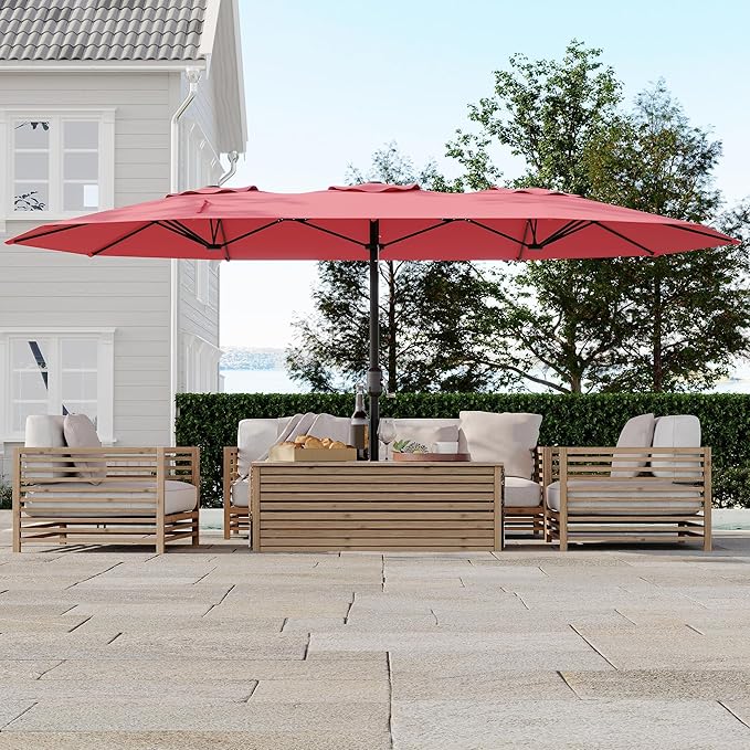 GarveeTech 15FT Double-Sided Rectangular Patio Umbrella with Base – Large Outdoor Market Umbrella for Poolside, Lawn & Backyard, Oversized Shade for 4-6 Person Tables