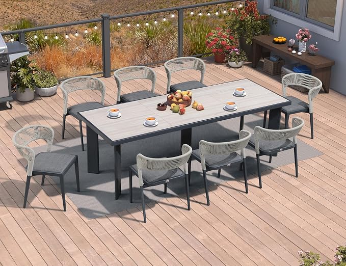 PURPLE LEAF 9 Pieces Outdoor Dining Set Patio Table and Chairs Set Aluminum Wicker Rattan Patio Furniture Set for Lawn Garden Porch Beige Marble Color Outdoor Set