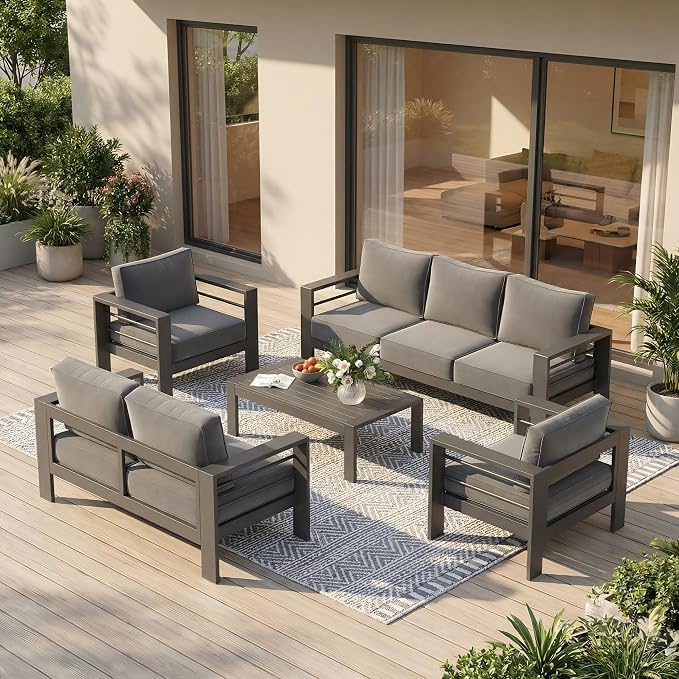 Solaste Aluminum Outdoor Patio Furniture Set, 7 Seats Patio Sectional Sofa with 5" Thick Cushion, Outdoor Patio Set with Coffee Table for Porch, Backyard, Deck, Yard, Grey