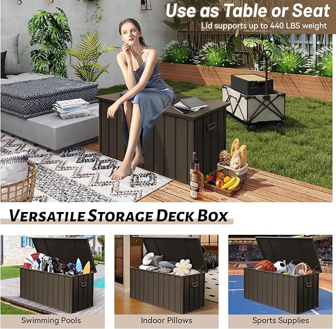 200Gallon Metal Deck Box, Outdoor Storage Box Waterproof, Large Patio Furniture Storage Cabinet, Lockable Storage Chest for Porch, Pillows, Cushions, Pool, Tools, Backyard -Brown