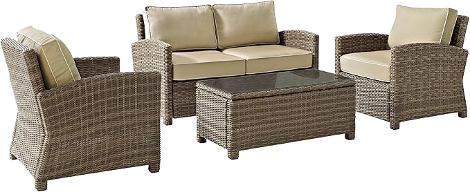 Crosley Furniture Bradenton 4-Piece Outdoor Loveseat Patio Furniture Set, Wicker Conversation Sets for Porch, Brown with Sand Cushions