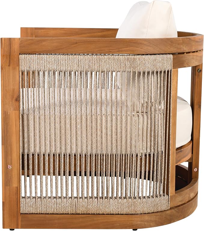 Christopher Knight Home Malphite 3 Pieces Conversation Set, Acacia Wood Chat Set, Round Coffee Table and Woven Rope Accent Chairs, Slat Design Patio Furniture Set for Backyard Garden, Beige + Teak