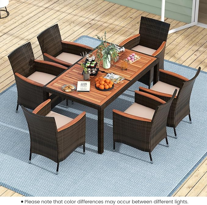 7 Pieces Outdoor Wicker Dining Set with Umbrella Hole, Patio Dining Furniture Set with Acacia Wood Table and Chairs, Garden Dining Table Set for Backyard, Desk, Poolside (Brown)