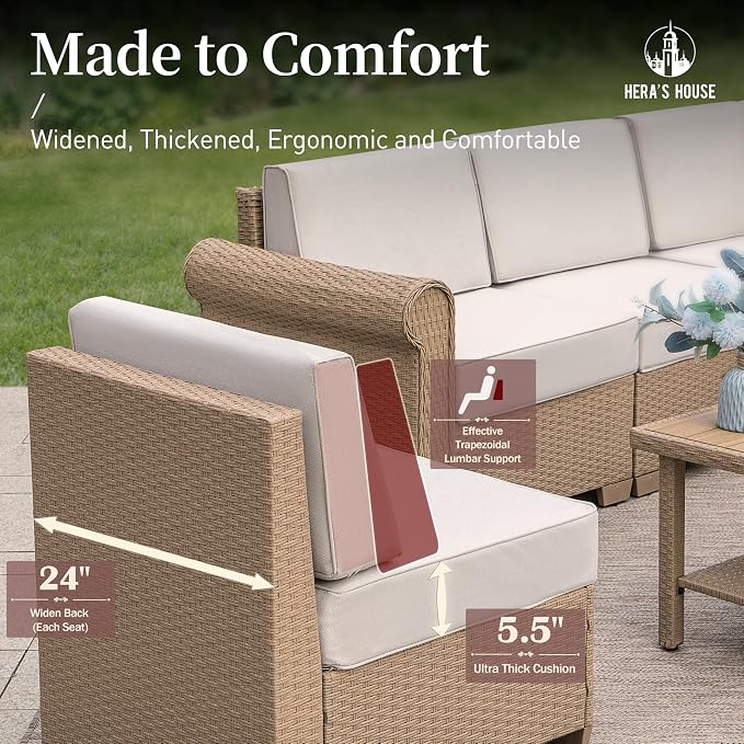 HERA'S HOUSE 6 Piece Patio Furniture Set, Outdoor Sectional Wicker Sofa with 44" Coffee Table, 5.5" Thick Waterproof Cushion All Weather 5 Seats Modular Conversation Set for Garden Deck Backyard