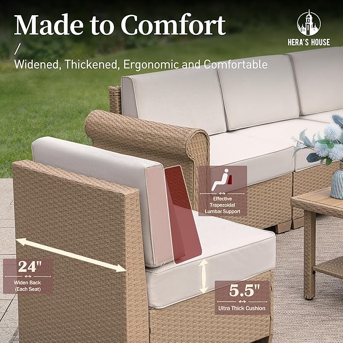 HERA'S HOUSE Patio Furniture Set, All Weather 4 Seats Outdoor Sectional Wicker Sofa with 44" Coffee Table, 5.5" Thick Waterproof Cushion Modular Conversation 5 Pieces Sofa Set for Garden Deck Backyard