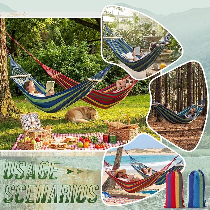 SATINIOR 2 Pack Canvas Camping Hammock for Outside 120 x 59 in Large Comfortable Hammocks up to 660lbs with Travel Bag Anti Roll Balance Beam Tree Strap for Outdoor/Indoor Beach Patio Backyard Garden