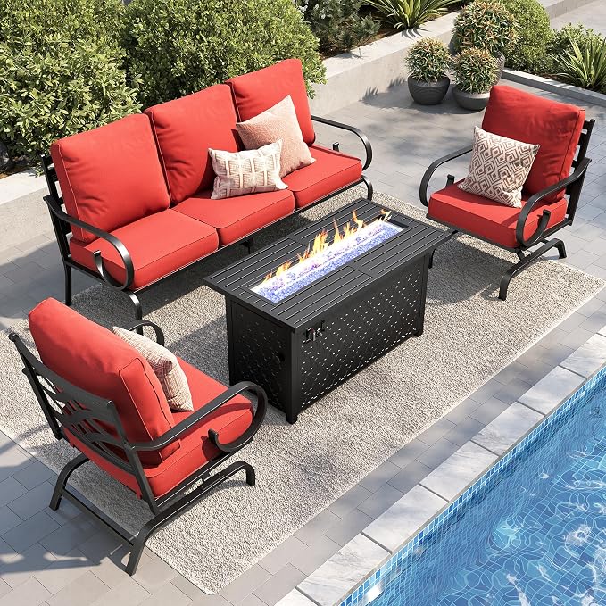 PHI VILLA Patio Furniture Set, 3-Seater Sofa, 2 Rocking Chairs and a 45" Fire Pit Table, Outdoor Metal Conversation Set with 5.75" Extra Thick Cushion for Garden Backyard Deck, Red