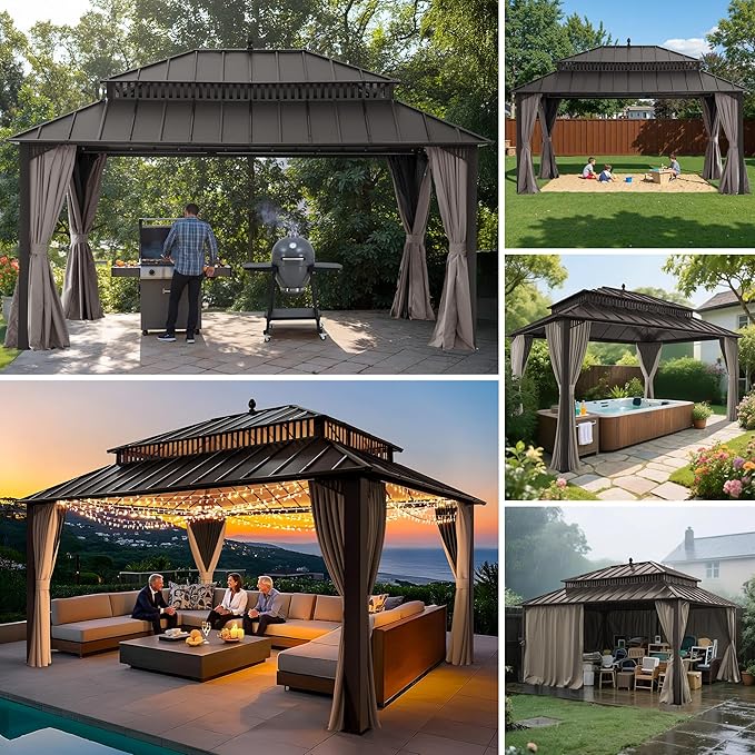 SUNJOY Kingston 16' x 12' Hardtop Gazebo with Galvanized Steel Double Roof, Curtain and Netting, Brown Aluminum Posts Permanent Pavilion Gazebo for Garden, Patio, Deck, Lawn