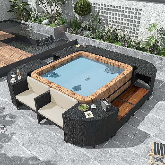 LUMISOL Patio Furniture Set, Spa Surround Outdoor Rattan Sofa Set with Wooden Seats and Storage Spaces, Quadrilateral Patio Sofa Set with Spa Surround Tub Frame for Patio, Backyard, Beige