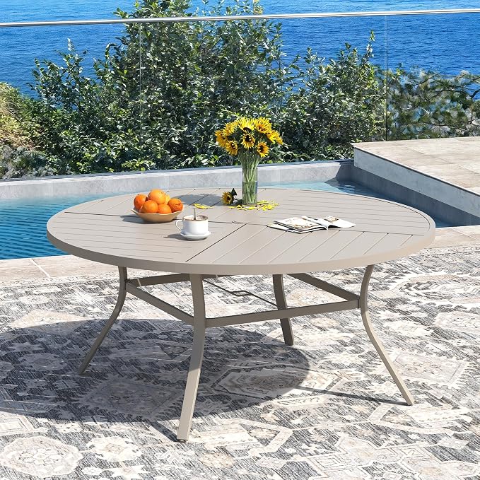 DIFY 11 Piece Outdoor Patio Dining Set for 10, 59.8" Round Dining Table with Umbrella Hole and Stackable Metal Chairs, Patio Table and Chairs Set for Backyard Garden Poolside, Sandshell