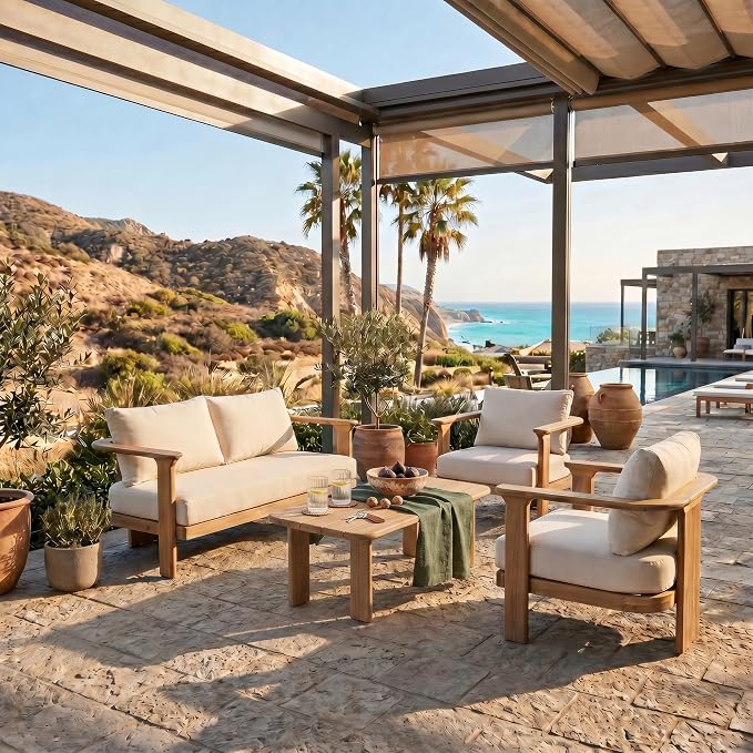 Christopher Knight Home Kera 4-Seater Patio Furniture Set with Removable Cushion, 4 Piece Outdoor Acacia Wood Conversation Set, Sold Wood Outdoor Sectional Sofa Set with Coffee Table, Brown+Beige