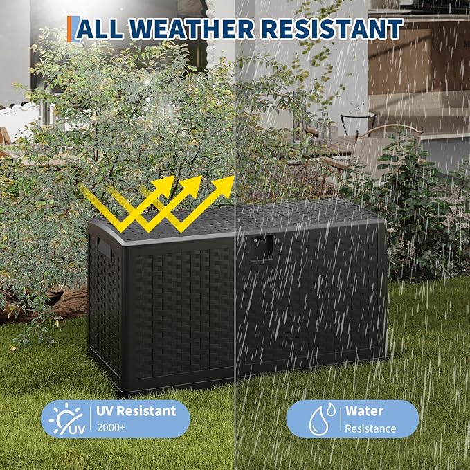 IDEALHOUSE 73 Gallon Deck Box, Rattan-Style Outdoor Storage Bench with Lockable Lid, Waterproof Resin Box for Patio Cushions, Garden & Pool Gear, Black Imitation Rattan Grain