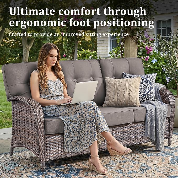 Patio Furniture Set, 6PCS Outdoor Wicker Conversation Set with 5" Thick Cushions, High Back Rattan Sofa & Swivel Rocker Chairs, Weather Resistant Olefin Fabric for Garden, Poolside Brown/Grey