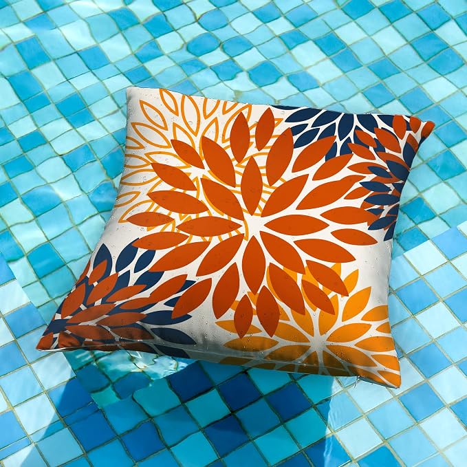 DFXSZ Outdoor Waterproof Pillow Covers 16x16 Set of 2 Orange Blue Flower | Spring Summer Waterproof Flower Throw Pillowcases（No Inserts）Outdoor Decor for Fall Patio Funiture Garden Polyester Covers