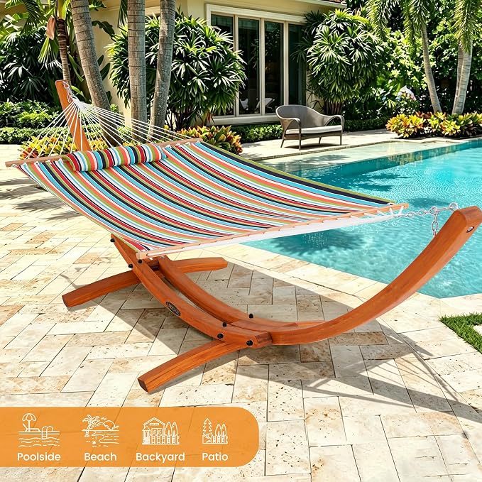 Lazy Daze Hammocks Sunbrella Fabric Hammock with 13FT Wood Arc Stand, 2 Person Outdoor Hammock Combo with Free Pillow, All Weather & Fade Resistant, for Patio Yard, 450 lbs Capacity, Carousel Confetti