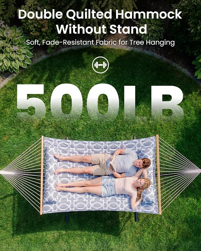 ANAGOO Double Hammock with Spreader Bar & Pillow, 2-Person Portable Hammock, 500lbs Capacity for Outdoor Camping, Patio, Backyard, Garden, Beach & Travel Relaxation – White Gray