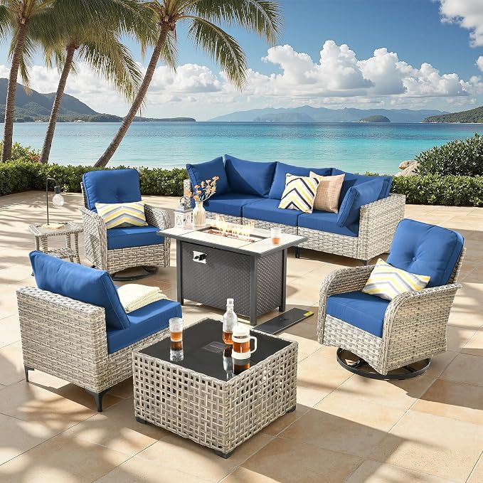 9-Piece Outdoor Patio Furniture Set with Fire Pit Table, Outdoor Conversation Wicker Sofa with Swivel Chairs, Rattan Couch with Coffee Table for Deck, Backyard, Poolside (Navy Blue)
