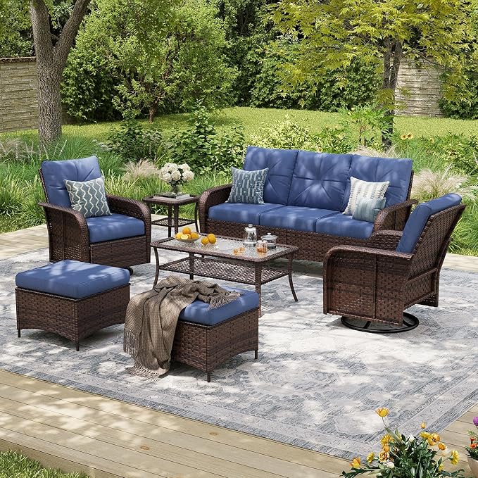 Aoxun Luxury 7-Piece Patio Furniture Set, 360° Swivel Chairs, Wicker Rattan Sofa with Thick Cushion, Outdoor Conversation Set for Backyard, Poolside & Garden, Brown/Navy Blue