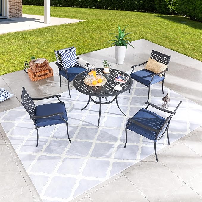 LOKATSE HOME 5-Piece Outdoor Patio Metal Dining Set with Iron Armrest Cushioned Chairs and Steel Round Table with Umbrella Hole, Blue