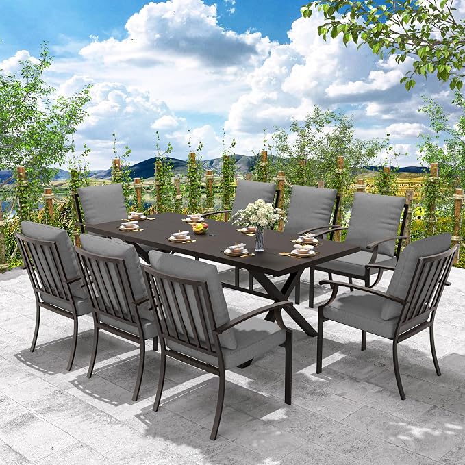 9-Piece Patio Dining Set Outdoor Conversation Set,Metal Outdoor Furniture Set with Umbrella Hole Cut-Out 78.7" x 35.4" Table and 8 Metal Backrest Chairs for Backyard,Garden,Grey