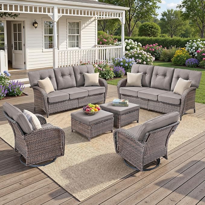 Patio Furniture Set, 6PCS Outdoor Wicker Conversation Set with 5" Thick Cushions, High Back Rattan Sofa & Swivel Rocker Chairs, Weather Resistant Olefin Fabric for Garden, Poolside Brown/Grey