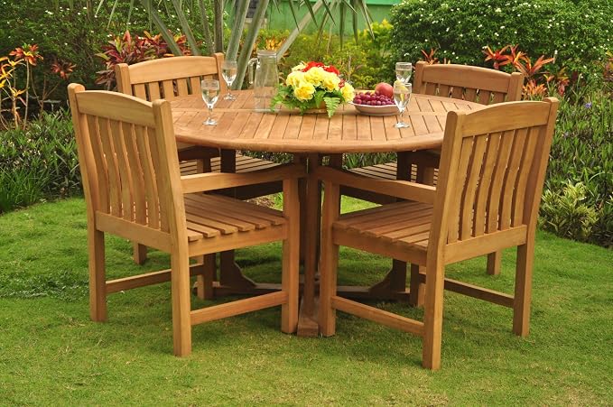 New 5 Pc Luxurious Grade-A Teak Wood Outdoor Dining Set - 60" Round Dining Table and 4 Devon Arm/Captain Chairs #WHDSDVl