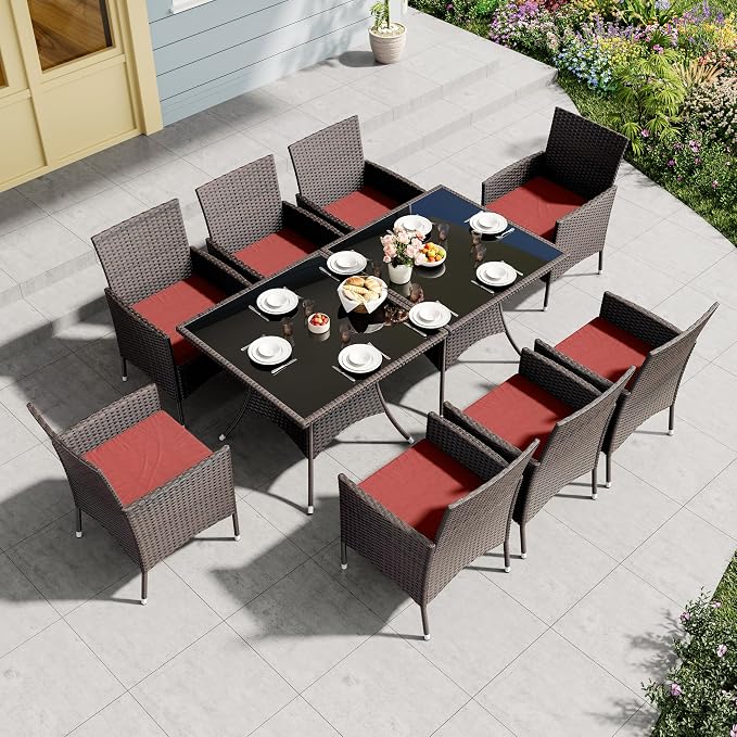 10 Pieces Outdoor Patio Dining Set,Patio Table and Chairs Rattan Outdoor Patio Furniture Set with Umbrella Hole,Dining Table Set for 8 with Chairs for Backyard,Garden and Kitchen,Red