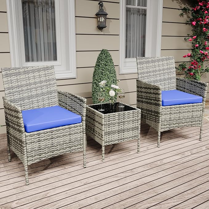 GAOMON 3 Pieces Patio Furniture Sets, Outdoor PE Rattan Porch Chairs with Soft Cushion and Glass Coffee Table, Outdoor Furniture Sets for Backyard Porch Poolside, Gray and Blue