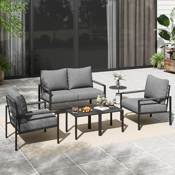 5 Pieces Rattan Outdoor Furniture Set, All-Weather Patio Conversation Set with Dark Grey Cushions and Coffee Tables for Garden, Backyard, Balcony, Poolside