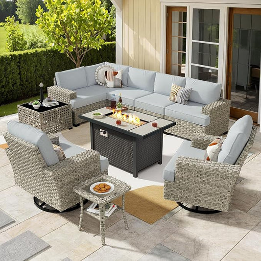 Weaxty 10 Pieces Outdoor Patio Furniture Set with Swivel Rocking Chair, Outdoor Sectional Sofa Couch Wicker Modular Patio Conversation Set w/42 Fire Pit and Coffee Side Table,Gray