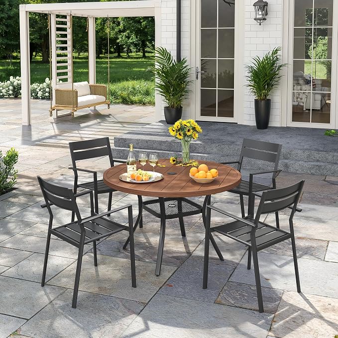 VICLLAX Patio 5 Pieces Outdoor Dining Set, Wrought Iron Metal Outdoor Table and Chairs Set, 40.6" Round Table with Umbrella Hole and 4 Stackable Chairs for Lawn, Garden, Porch, Walnut/Black