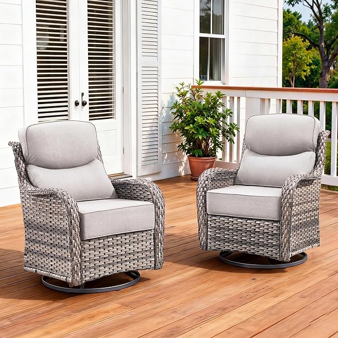 Luxury Outdoor Swivel Rocker Patio Chairs Set of 2 with 6-Inch Thick Cushions, High Back Swivel Patio Chairs Wicker Outdoor Gliders for Porch, Yard, Deck, Poolside, Grey/Beige