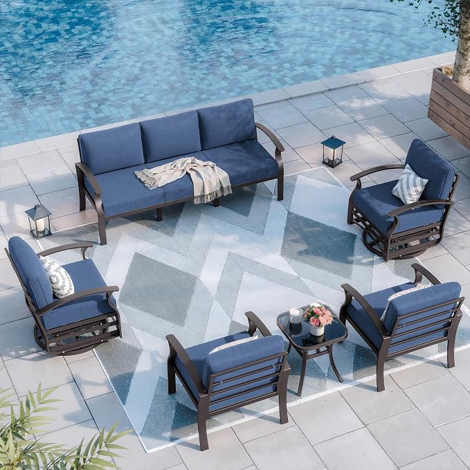 Kurapika Aluminum Patio Furniture Set 7-Seat Modern Metal Outdoor Conversation Sets w/Swivel Rocking Chairs Patio Sectional Sofa w/5.1 Inch Cushion, Navy Blue