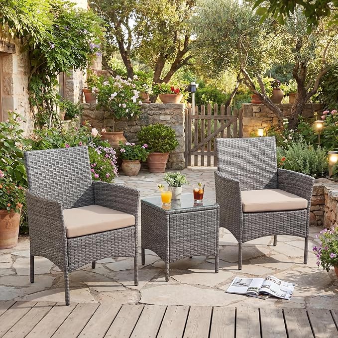 3-Piece Patio Furniture Set,Outdoor Patio Conversation Set with 2 PE Rattan Armchairs, Weather-Resistant Cushions & Tempered Glass Table,All-Weather Bistro Set for Garden, Backyard（Black/Beige）