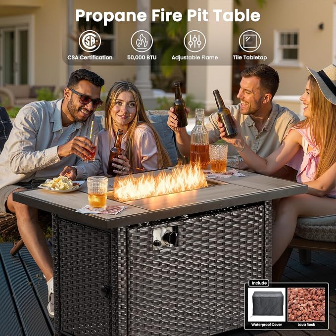 ovios 6 Pieces Patio Furniture Set with 42 inch Fire Pit Table, Outdoor Wicker Sofa Couch Loveseat, Swivel Rocking Glider Chairs, Modern Conversation Set, Brown Rattan, Navy Blue