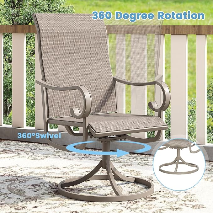 DIFY 9 Piece Outdoor Dining Set for 8, 59.8" Grey Wood-Like Round Metal Dining Table with Umbrella Hole and Swivel Patio Chairs with Sandshell Textilene, Patio Table and Chairs Set for Garden Backyard