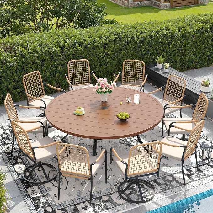 DIFY 11 Pieces Outdoor Dining Set for 10, Patio Furniture Set of 10 Wicker Patio Chairs with Soft Cushions and 63" Walnut Round Metal Table with Umbrella Hole, for Backyard Garden Deck, Wheat Rattan