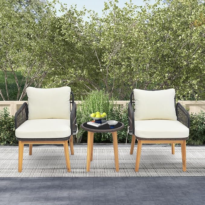 DORTALA 3 Piece Wicker Patio Furniture Set, Wood & Rattan Chairs and Table Sets with Cushions, Outdoor Conversation Set for Porch, Backyard, Poolside