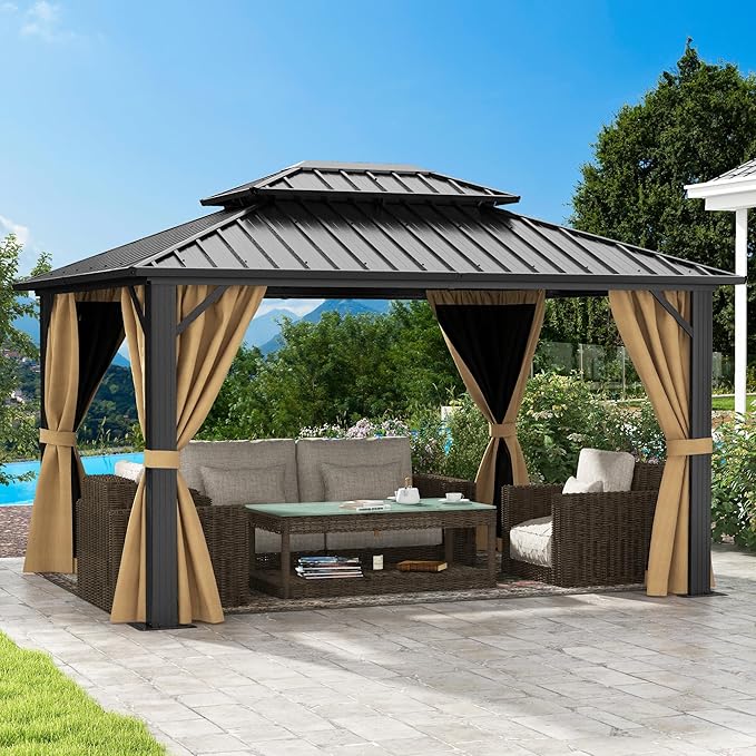 DWVO 10x12ft Hardtop Gazebo Double Roof Gazebo with Nettings and Curtains, Heavy Duty Galvanized Steel Outdoor Vertical Stripes Roof for Patio, Backyard, Deck, Lawns, Brown