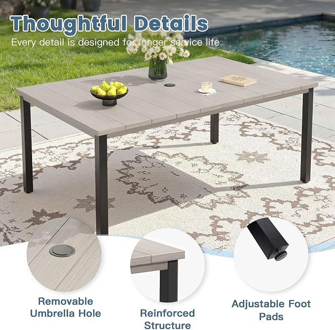 DIFY Outdoor Dining Set for 6, 7 Piece Patio Table and Chairs Set, Grey Textilene Swivel Patio Chairs & 63" Grey Wood-Like Rectangle Metal Dining Table with Umbrella Hole, for Garden Backyard Deck