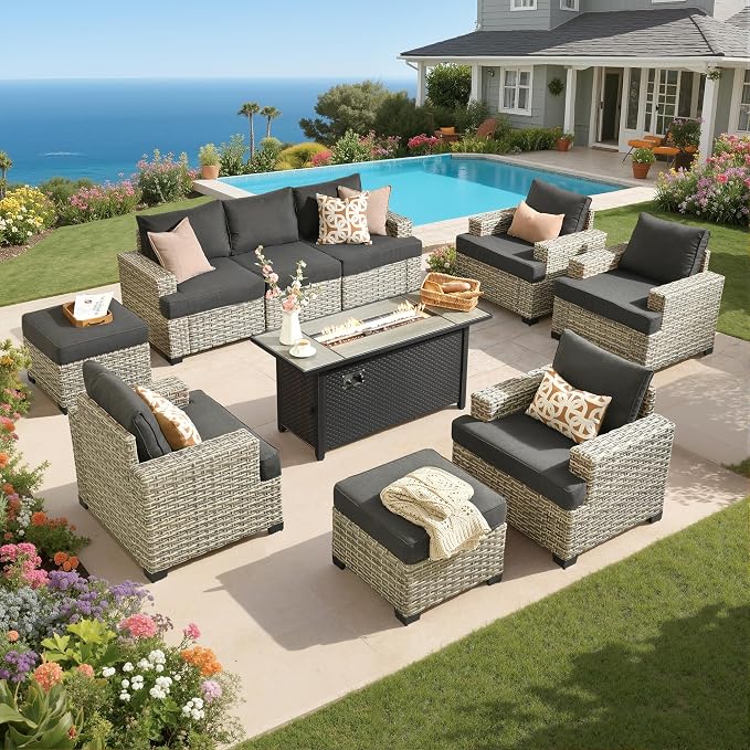 Rattan Patio Furniture Set with Fire Pit,10 Pieces Outdoor Sectional with Single Chair Ottoman,Out Door Furniture Conversation Set,Black