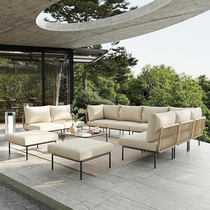 11 Piece Modern Outdoor Rope Wicker Sectional Patio L-Shaped Conversation Sofa Set Deep Seating with Thick Cushions