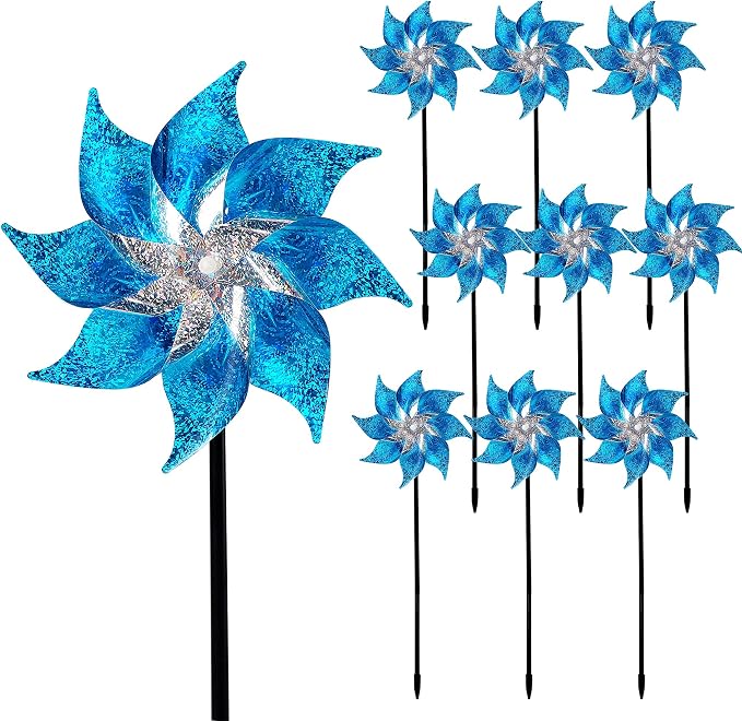 Hausse 10 Pack Reflective Pinwheels with Stakes (Assembly Required), Extra Sparkly Pin Wheel for Garden Decor, Bird Repellent Devices Deterrent to Scare Birds Away from Yard Patio Farm, Blue