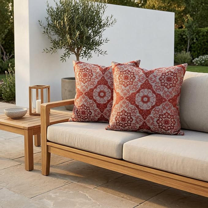 RSH DECOR: Outdura Square Throw Pillows Set of 2 | 22" x 22" | Water and Fade-Resistant Performance Fabric | Outdoor Pillow Covers with Down-Alternative Inserts | Made in USA (Ayorline Flamin)
