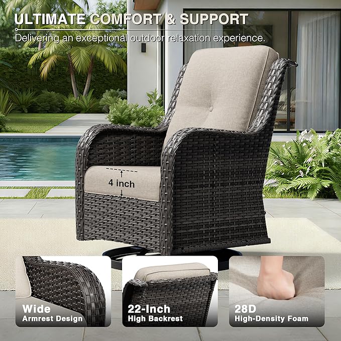 Joyside 3 Piece Wicker Patio Furniture Set, Outdoor Swivel Rocker Patio Chairs with High Back, Deep Seating, Wide Armrest, Thickened Cushions, Outdoor Furniture for Deck, Porch Use
