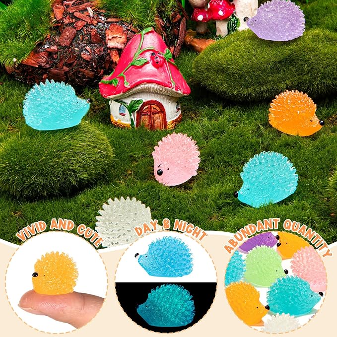 60PCS Luminous Mini Resin Hedgehogs Tiny Resin Hedgehogs for Dollhous | Cute Miniature Hedgehog Figures Glow in The Dark, Micro Landscape DIY Home Outdoor Decor