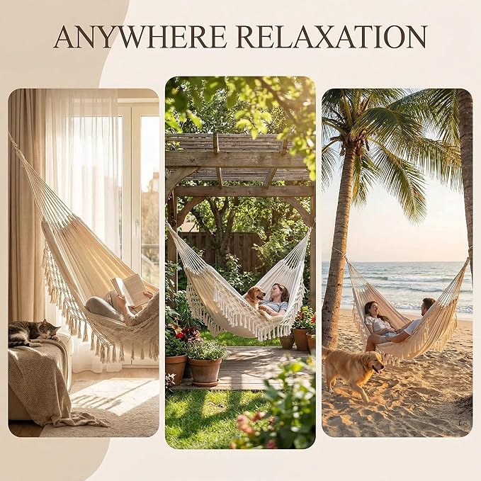 Outdoor Hammock Garden Cotton Hammock Macrame Fringe Hammocks Boho Balcony Hammocks with Handmade Tassels 2 Person Double Hamock 480lbs for Home,Backyard,Beach,Patio