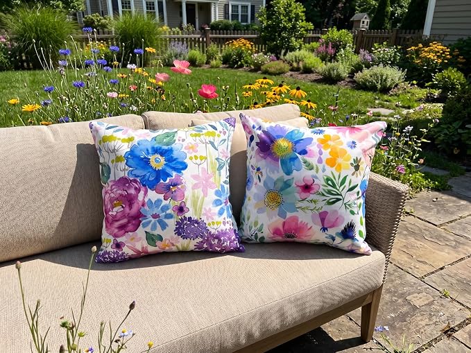 Pyonic Waterproof Outdoor Pillow Covers 18x18 Inch Colorful Wildflower Botanical Floral Outdoor Pillows for Patio Furniture Spring Summer Decoration for Home,Peonies Cornflowers Primroses